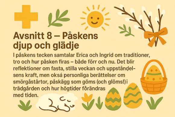 Påskillustration med lamm, ägg och sol. Avsnitt 8 handlar om påskens traditioner och personliga minnen.
